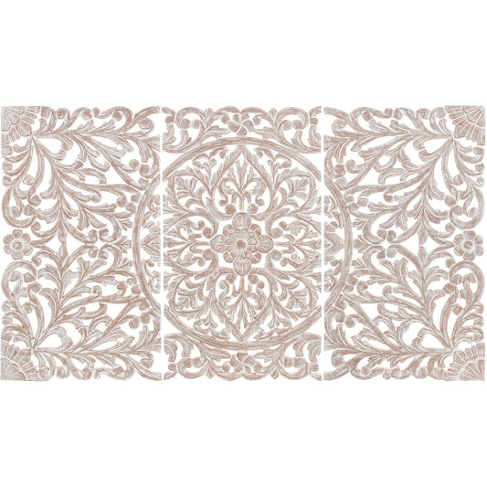 Norma - Tableau mural en bois naturel à motifs floraux, sculpté à la main, 3 panneaux, 122 x 71 cm (48x28 pouces)