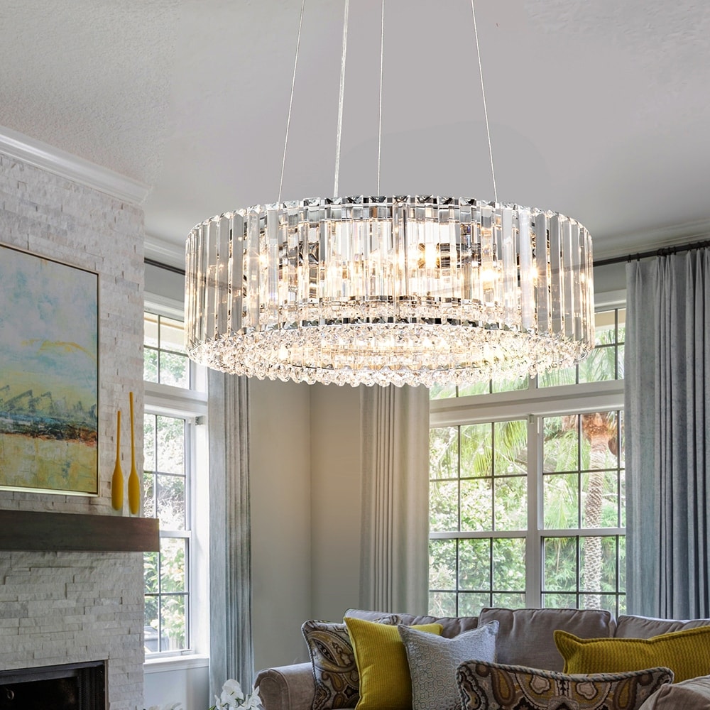 OYIPRO Lustre moderne rond en cristal à 6/8/12 lumières, suspension en forme de tambour pour îlot de cuisine