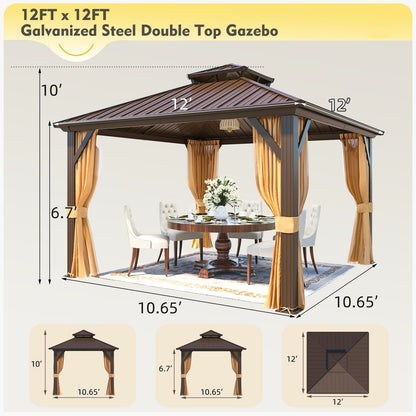 Gazebo extérieur à toit rigide avec double toit en acier galvanisé et cadre en aluminium, pergola extérieure avec rideaux et moustiquaires haut de gamme.