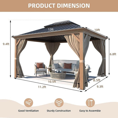 Gazebo extérieur à toit rigide avec double toit en acier galvanisé et cadre en aluminium, pergola extérieure avec rideaux et moustiquaires haut de gamme.