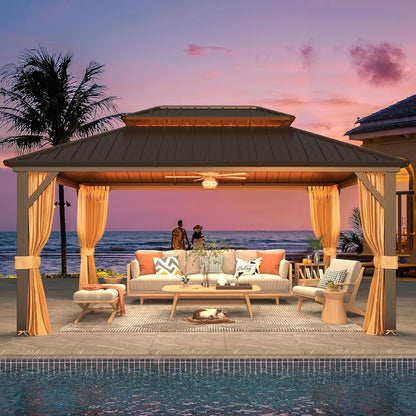 Gazebo extérieur à toit rigide avec double toit en acier galvanisé et cadre en aluminium, pergola extérieure avec rideaux et moustiquaires haut de gamme.