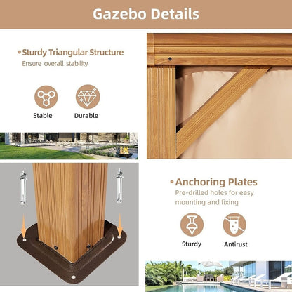 Gazebo extérieur à toit rigide avec double toit en acier galvanisé et cadre en aluminium, pergola extérieure avec rideaux et moustiquaires haut de gamme.