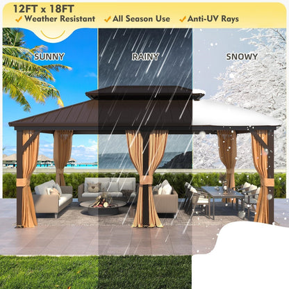 Gazebo extérieur à toit rigide avec double toit en acier galvanisé et cadre en aluminium, pergola extérieure avec rideaux et moustiquaires haut de gamme.