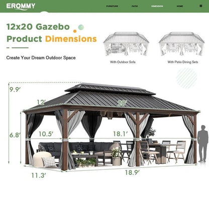 Gazebo extérieur à toit rigide avec double toit en acier galvanisé et cadre en aluminium, pergola extérieure avec rideaux et moustiquaires haut de gamme.