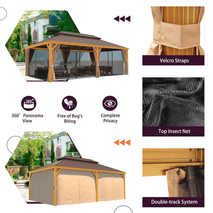 Gazebo extérieur à toit rigide avec double toit en acier galvanisé et cadre en aluminium, pergola extérieure avec rideaux et moustiquaires haut de gamme.
