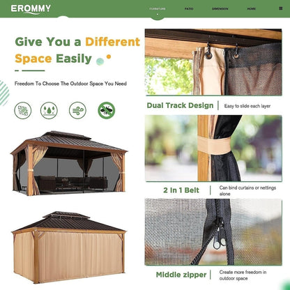 Gazebo extérieur à toit rigide avec double toit en acier galvanisé et cadre en aluminium, pergola extérieure avec rideaux et moustiquaires haut de gamme.