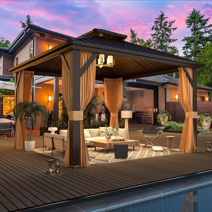 Gazebo extérieur à toit rigide avec double toit en acier galvanisé et cadre en aluminium, pergola extérieure avec rideaux et moustiquaires haut de gamme.