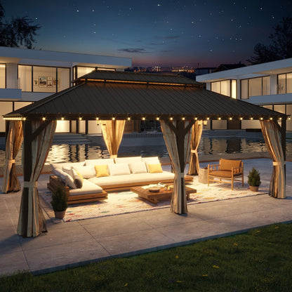 Gazebo extérieur à toit rigide avec double toit en acier galvanisé et cadre en aluminium, pergola extérieure avec rideaux et moustiquaires haut de gamme.