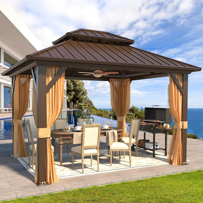Gazebo extérieur à toit rigide avec double toit en acier galvanisé et cadre en aluminium, pergola extérieure avec rideaux et moustiquaires haut de gamme.