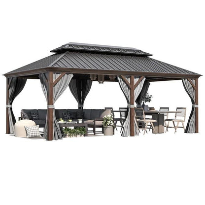 Gazebo extérieur à toit rigide avec double toit en acier galvanisé et cadre en aluminium, pergola extérieure avec rideaux et moustiquaires haut de gamme.