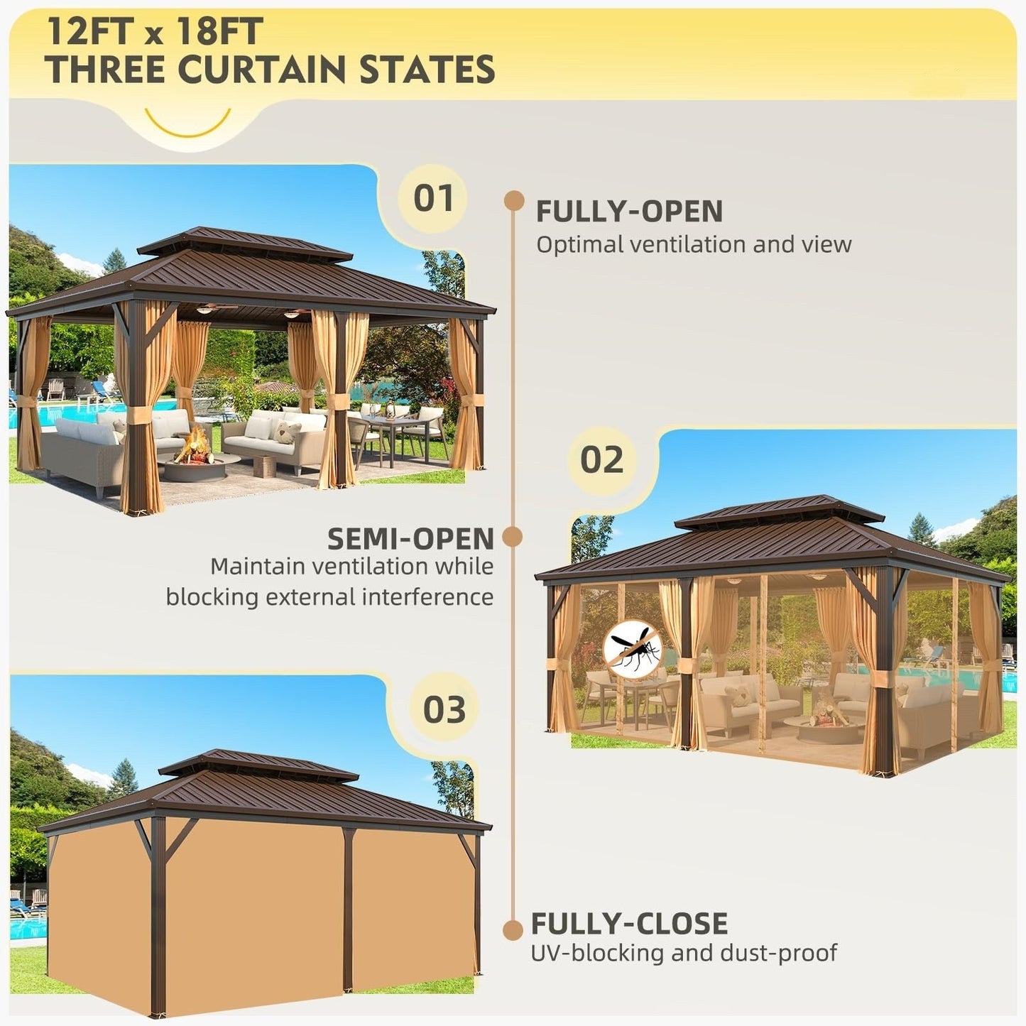 Gazebo extérieur à toit rigide avec double toit en acier galvanisé et cadre en aluminium, pergola extérieure avec rideaux et moustiquaires haut de gamme.