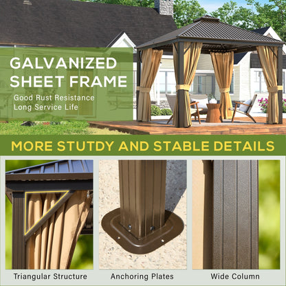 Gazebo extérieur à toit rigide avec double toit en acier galvanisé et cadre en aluminium, pergola extérieure avec rideaux et moustiquaires haut de gamme.