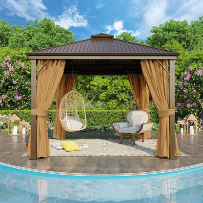 Gazebo extérieur à toit rigide avec double toit en acier galvanisé et cadre en aluminium, pergola extérieure avec rideaux et moustiquaires haut de gamme.