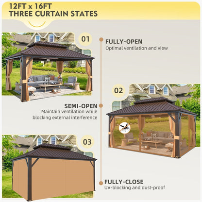 Gazebo extérieur à toit rigide avec double toit en acier galvanisé et cadre en aluminium, pergola extérieure avec rideaux et moustiquaires haut de gamme.