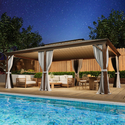 Gazebo extérieur à toit rigide avec double toit en acier galvanisé et cadre en aluminium, pergola extérieure avec rideaux et moustiquaires haut de gamme.