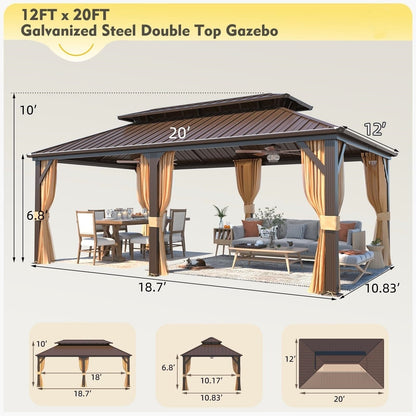 Gazebo extérieur à toit rigide avec double toit en acier galvanisé et cadre en aluminium, pergola extérieure avec rideaux et moustiquaires haut de gamme.