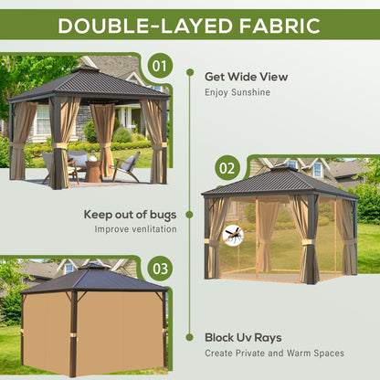 Gazebo extérieur à toit rigide avec double toit en acier galvanisé et cadre en aluminium, pergola extérieure avec rideaux et moustiquaires haut de gamme.