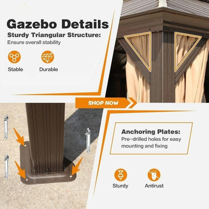 Gazebo extérieur à toit rigide avec double toit en acier galvanisé et cadre en aluminium, pergola extérieure avec rideaux et moustiquaires haut de gamme.