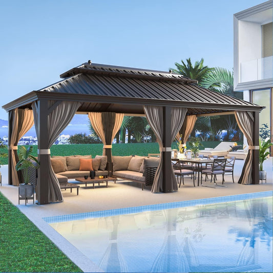 Gazebo extérieur à toit rigide avec double toit en acier galvanisé et cadre en aluminium, pergola extérieure avec rideaux et moustiquaires haut de gamme.