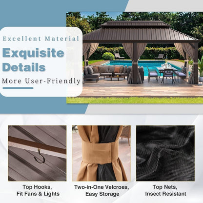 Gazebo extérieur à toit rigide avec double toit en acier galvanisé et cadre en aluminium, pergola extérieure avec rideaux et moustiquaires haut de gamme.
