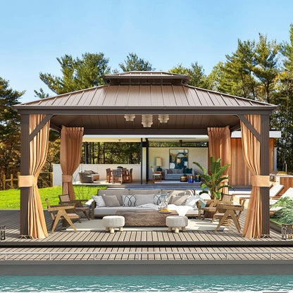 Gazebo extérieur à toit rigide avec double toit en acier galvanisé et cadre en aluminium, pergola extérieure avec rideaux et moustiquaires haut de gamme.