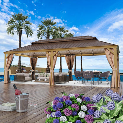 Gazebo extérieur à toit rigide avec double toit en acier galvanisé et cadre en aluminium, pergola extérieure avec rideaux et moustiquaires haut de gamme.