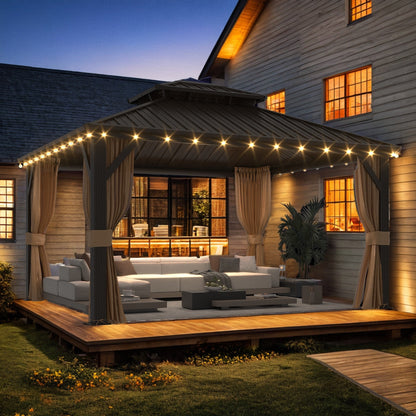 Gazebo extérieur à toit rigide avec double toit en acier galvanisé et cadre en aluminium, pergola extérieure avec rideaux et moustiquaires haut de gamme.