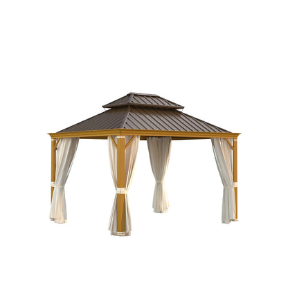 Gazebo extérieur à toit rigide avec double toit en acier galvanisé et cadre en aluminium, pergola extérieure avec rideaux et moustiquaires haut de gamme.