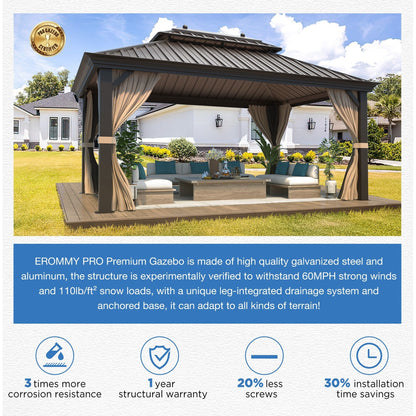 Gazebo extérieur à toit rigide avec double toit en acier galvanisé et cadre en aluminium, pergola extérieure avec rideaux et moustiquaires haut de gamme.