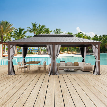 Gazebo extérieur à toit rigide avec double toit en acier galvanisé et cadre en aluminium, pergola extérieure avec rideaux et moustiquaires haut de gamme.