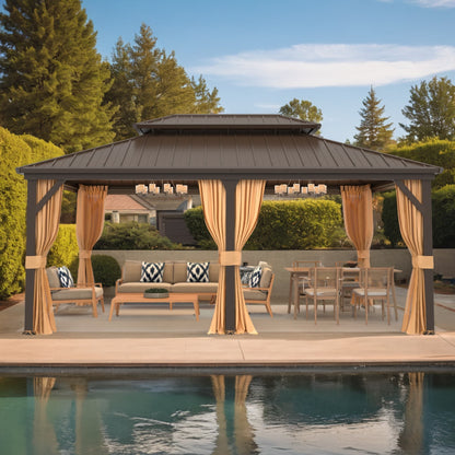 Gazebo extérieur à toit rigide avec double toit en acier galvanisé et cadre en aluminium, pergola extérieure avec rideaux et moustiquaires haut de gamme.