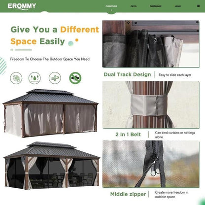 Gazebo extérieur à toit rigide avec double toit en acier galvanisé et cadre en aluminium, pergola extérieure avec rideaux et moustiquaires haut de gamme.