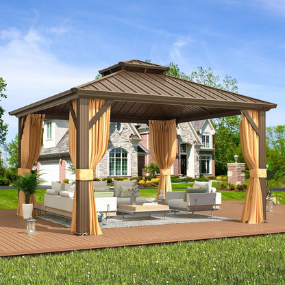 Gazebo extérieur à toit rigide avec double toit en acier galvanisé et cadre en aluminium, pergola extérieure avec rideaux et moustiquaires haut de gamme.