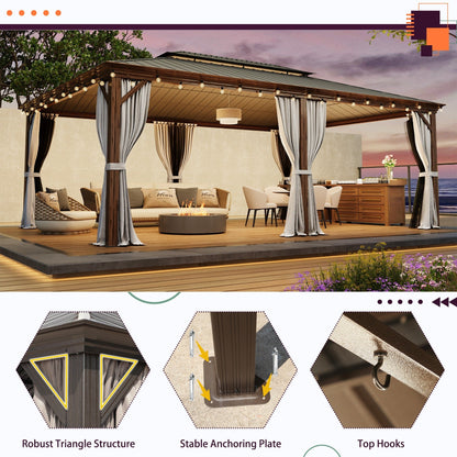 Gazebo extérieur à toit rigide avec double toit en acier galvanisé et cadre en aluminium, pergola extérieure avec rideaux et moustiquaires haut de gamme.