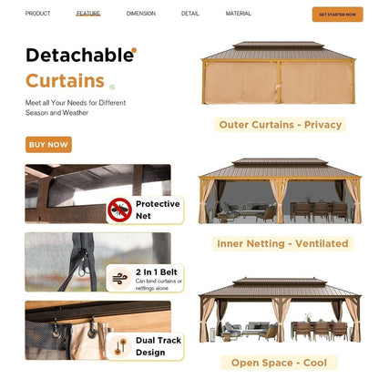 Gazebo extérieur à toit rigide avec double toit en acier galvanisé et cadre en aluminium, pergola extérieure avec rideaux et moustiquaires haut de gamme.