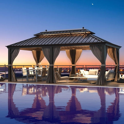 Gazebo extérieur à toit rigide avec double toit en acier galvanisé et cadre en aluminium, pergola extérieure avec rideaux et moustiquaires haut de gamme.