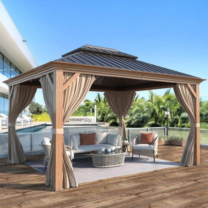 Gazebo extérieur à toit rigide avec double toit en acier galvanisé et cadre en aluminium, pergola extérieure avec rideaux et moustiquaires haut de gamme.