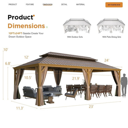 Gazebo extérieur à toit rigide avec double toit en acier galvanisé et cadre en aluminium, pergola extérieure avec rideaux et moustiquaires haut de gamme.