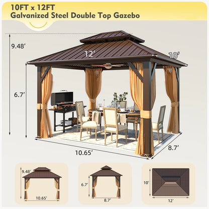 Gazebo extérieur à toit rigide avec double toit en acier galvanisé et cadre en aluminium, pergola extérieure avec rideaux et moustiquaires haut de gamme.