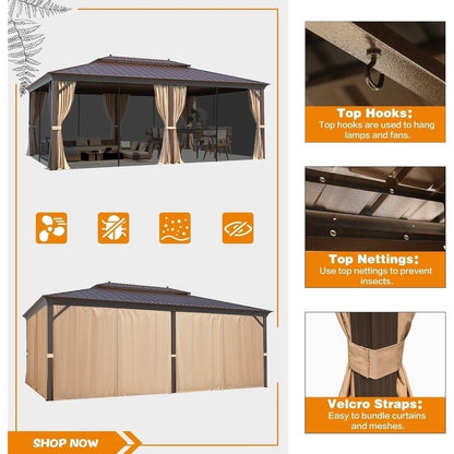 Gazebo extérieur à toit rigide avec double toit en acier galvanisé et cadre en aluminium, pergola extérieure avec rideaux et moustiquaires haut de gamme.