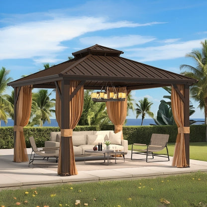 Gazebo extérieur à toit rigide avec double toit en acier galvanisé et cadre en aluminium, pergola extérieure avec rideaux et moustiquaires haut de gamme.