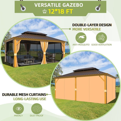 Gazebo extérieur à toit rigide avec double toit en acier galvanisé et cadre en aluminium, pergola extérieure avec rideaux et moustiquaires haut de gamme.