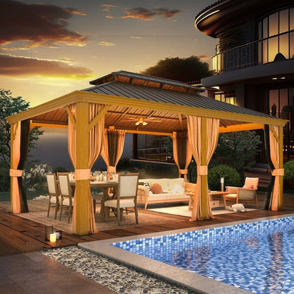 Gazebo extérieur à toit rigide avec double toit en acier galvanisé et cadre en aluminium, pergola extérieure avec rideaux et moustiquaires haut de gamme.