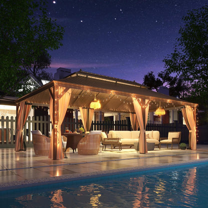 Gazebo extérieur à toit rigide avec double toit en acier galvanisé et cadre en aluminium, pergola extérieure avec rideaux et moustiquaires haut de gamme.