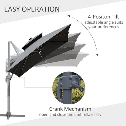 Parasol de jardin Outsunny 10ft à LED solaire, parasol suspendu déporté avec rotation à 360°, base en croix, 8 baleines, inclinable et à manivelle