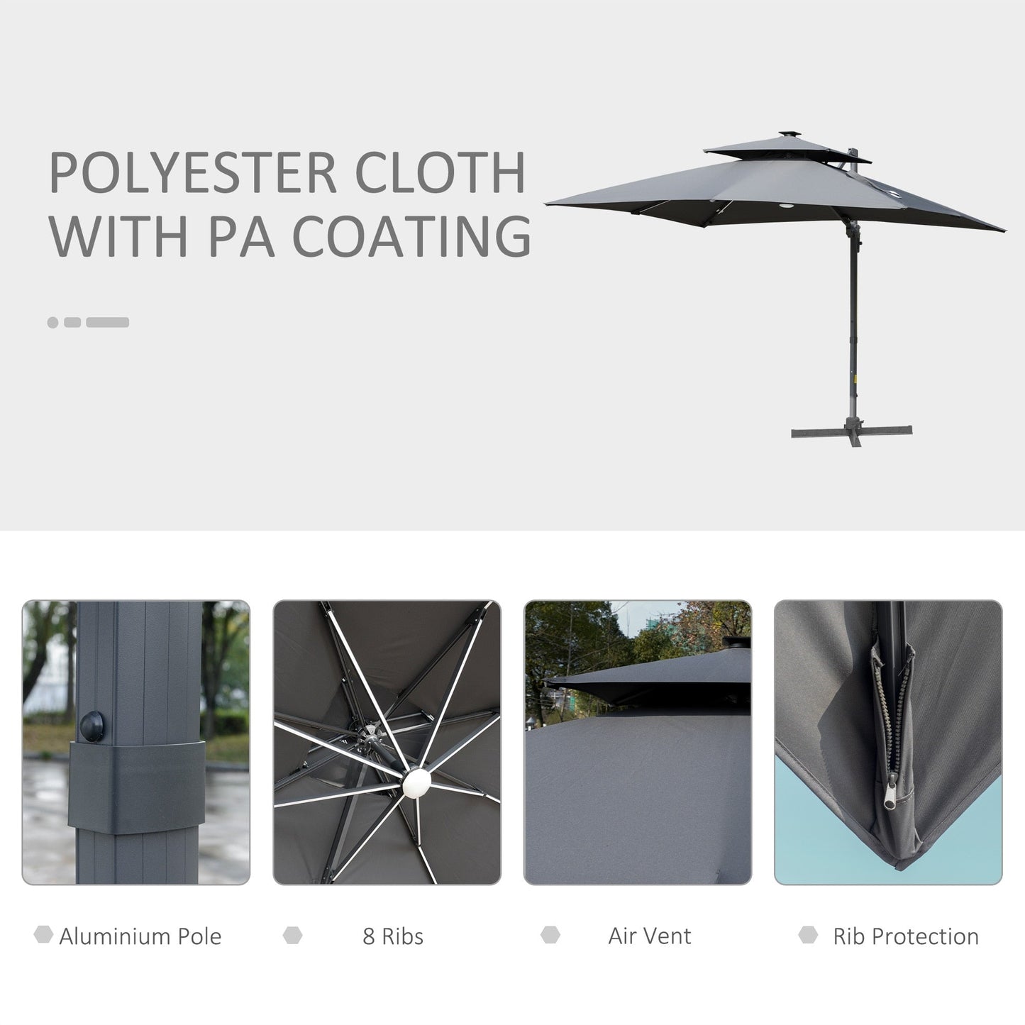 Parasol de jardin Outsunny 10ft à LED solaire, parasol suspendu déporté avec rotation à 360°, base en croix, 8 baleines, inclinable et à manivelle