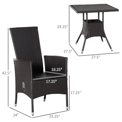 Outsunny Ensemble de salon de jardin 3 pièces en rotin PE, chaises inclinables d'extérieur avec table basse en plastique imitation bois