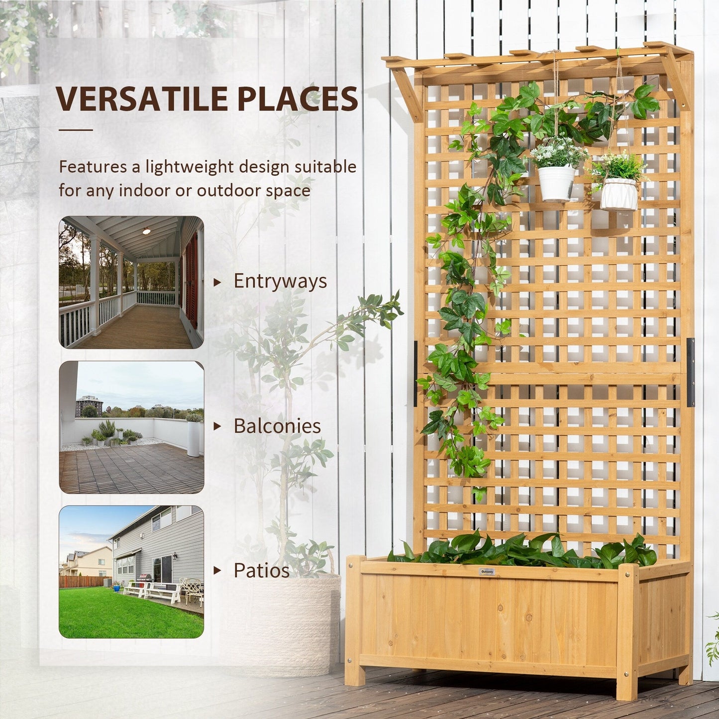 Outsunny Planter en Bois avec Treillis, Bac de Jardin surélevé pour Plantes grimpantes avec Trou de Drainage et Toit