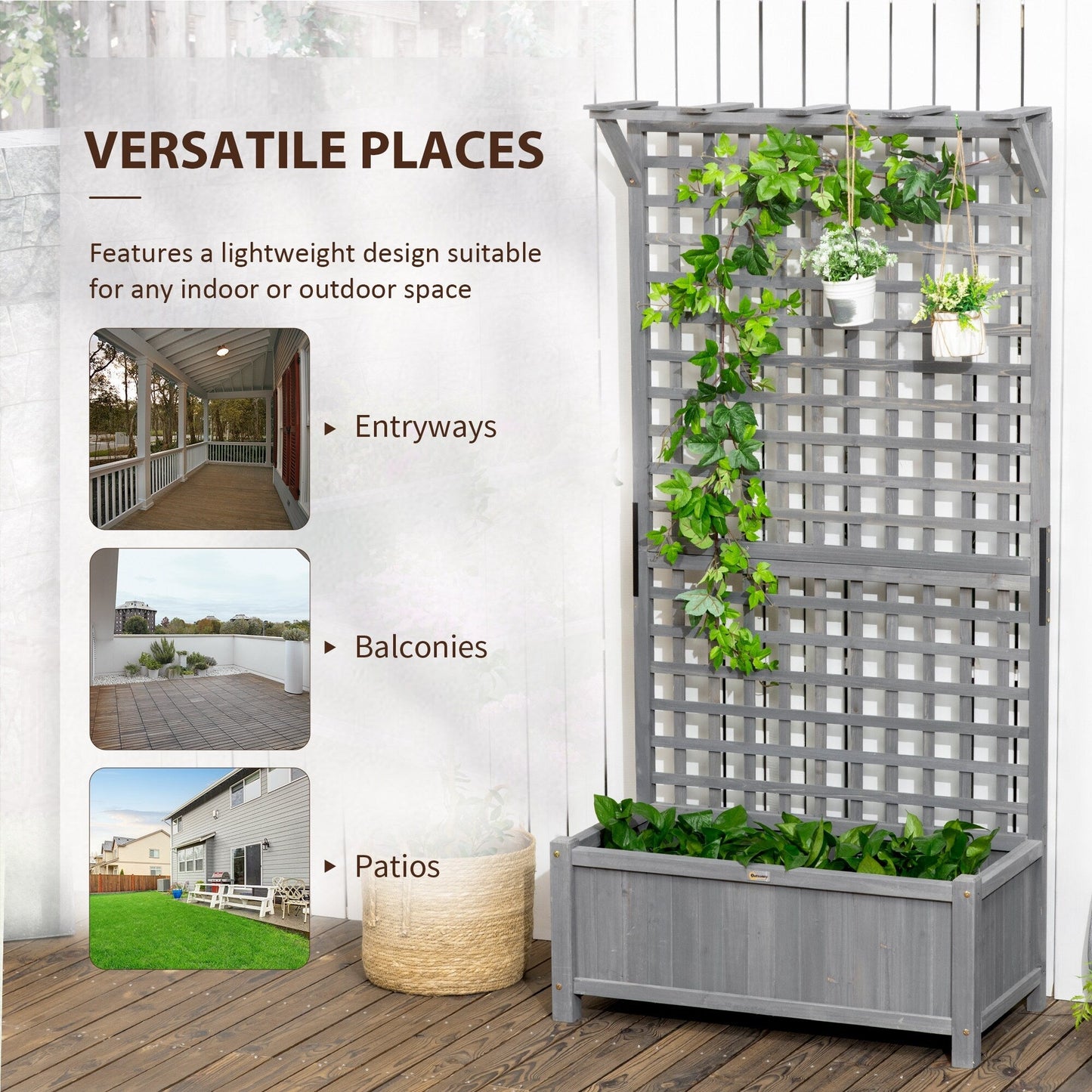 Outsunny Planter en Bois avec Treillis, Bac de Jardin surélevé pour Plantes grimpantes avec Trou de Drainage et Toit