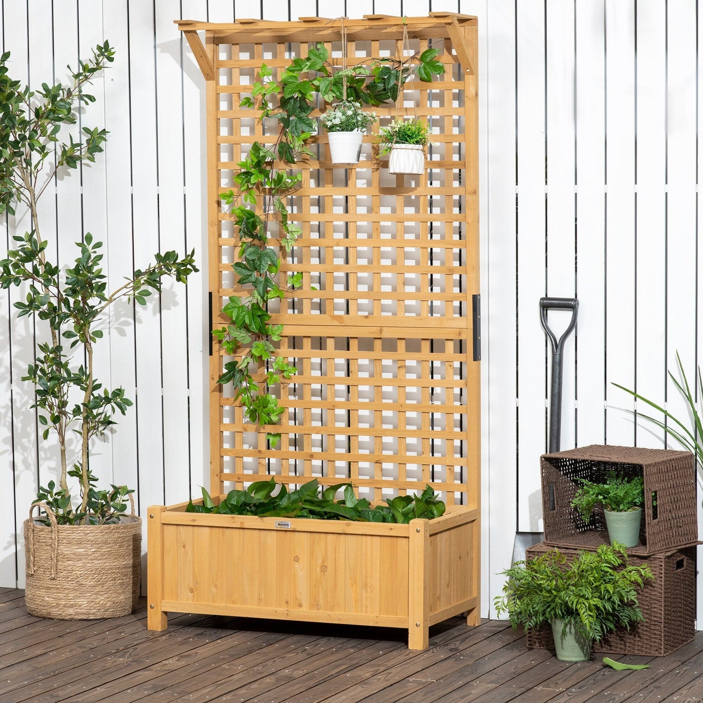 Outsunny Planter en Bois avec Treillis, Bac de Jardin surélevé pour Plantes grimpantes avec Trou de Drainage et Toit